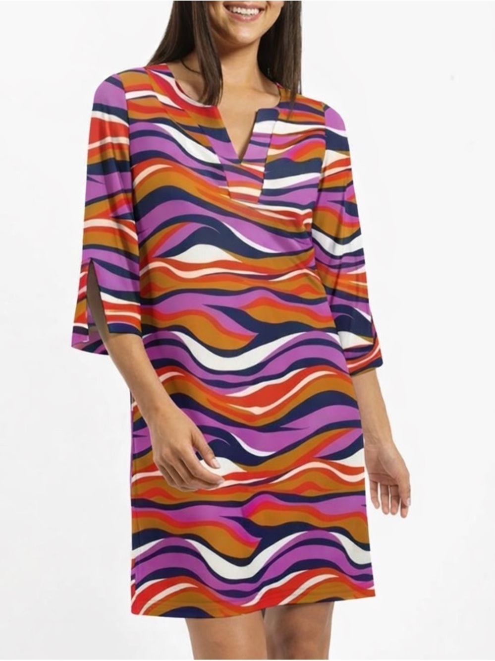 Jude Connally Small Split Neck Wave Navy Orchid Megan Shift Dress Performance